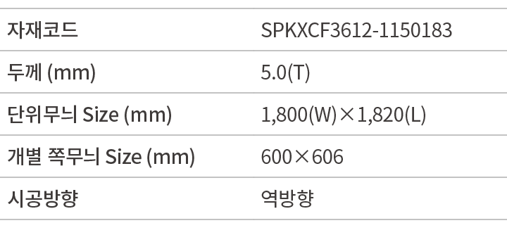 자재코드,SPKXCF3612 1150183,두께 (mm),5.0(T),단위무늬 Size (mm),1,800(W)×1,820(L),개별 쪽무늬 Size (mm),600×606,시공방향,역방향